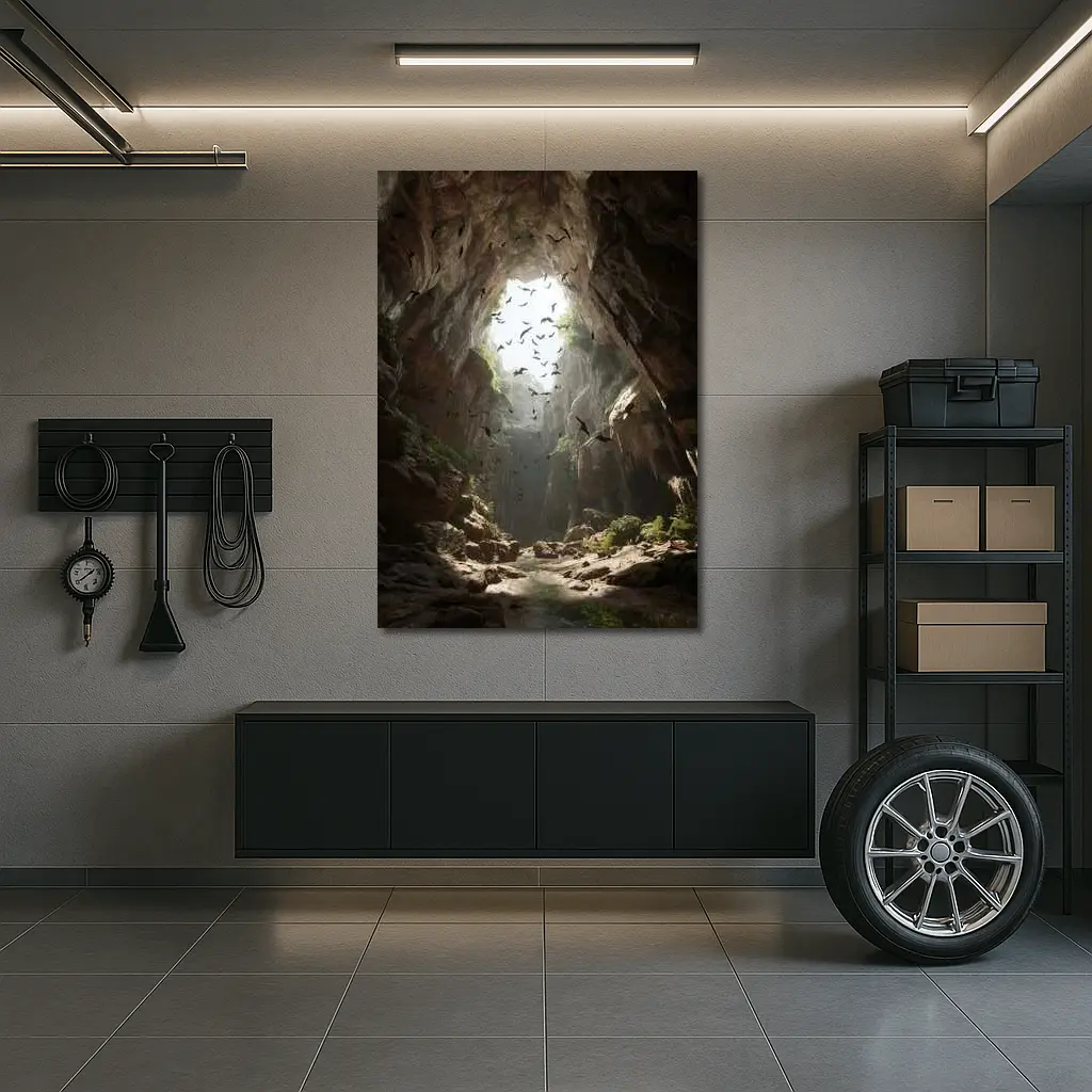 Cave Opening With Bats Flying Above – Wall Art