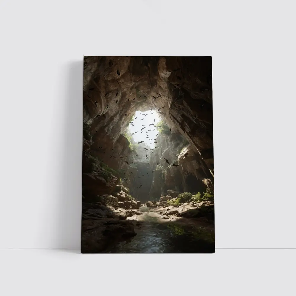 Cave Opening With Bats Flying Above – Wall Art
