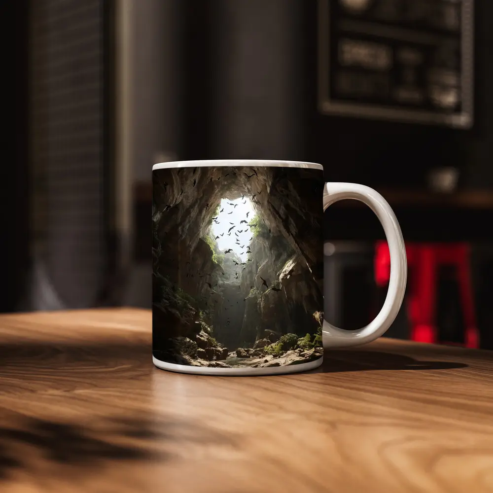 Cave Opening With Bats Flying Above – Mugs