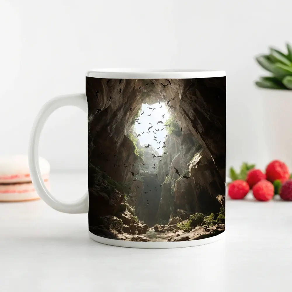 Cave Opening With Bats Flying Above – Mugs