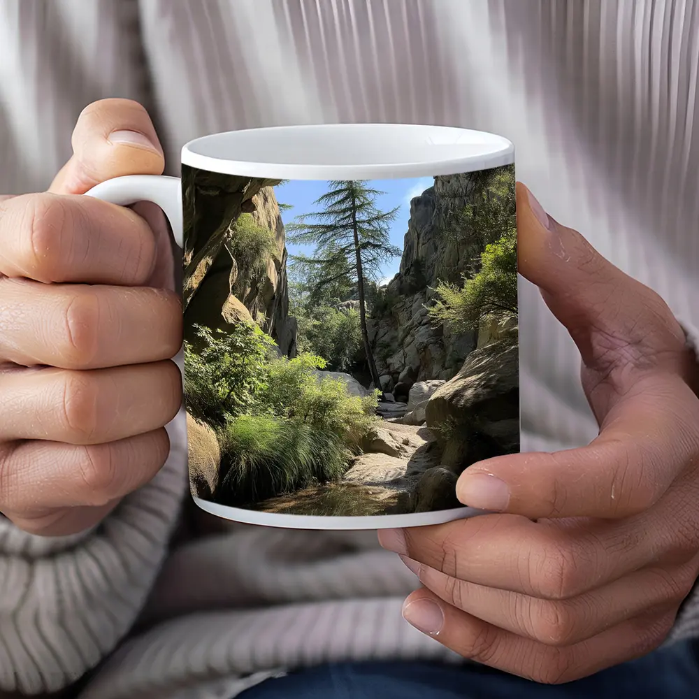 Rocky Canyon Creek With Tall Pine Tree – Mugs