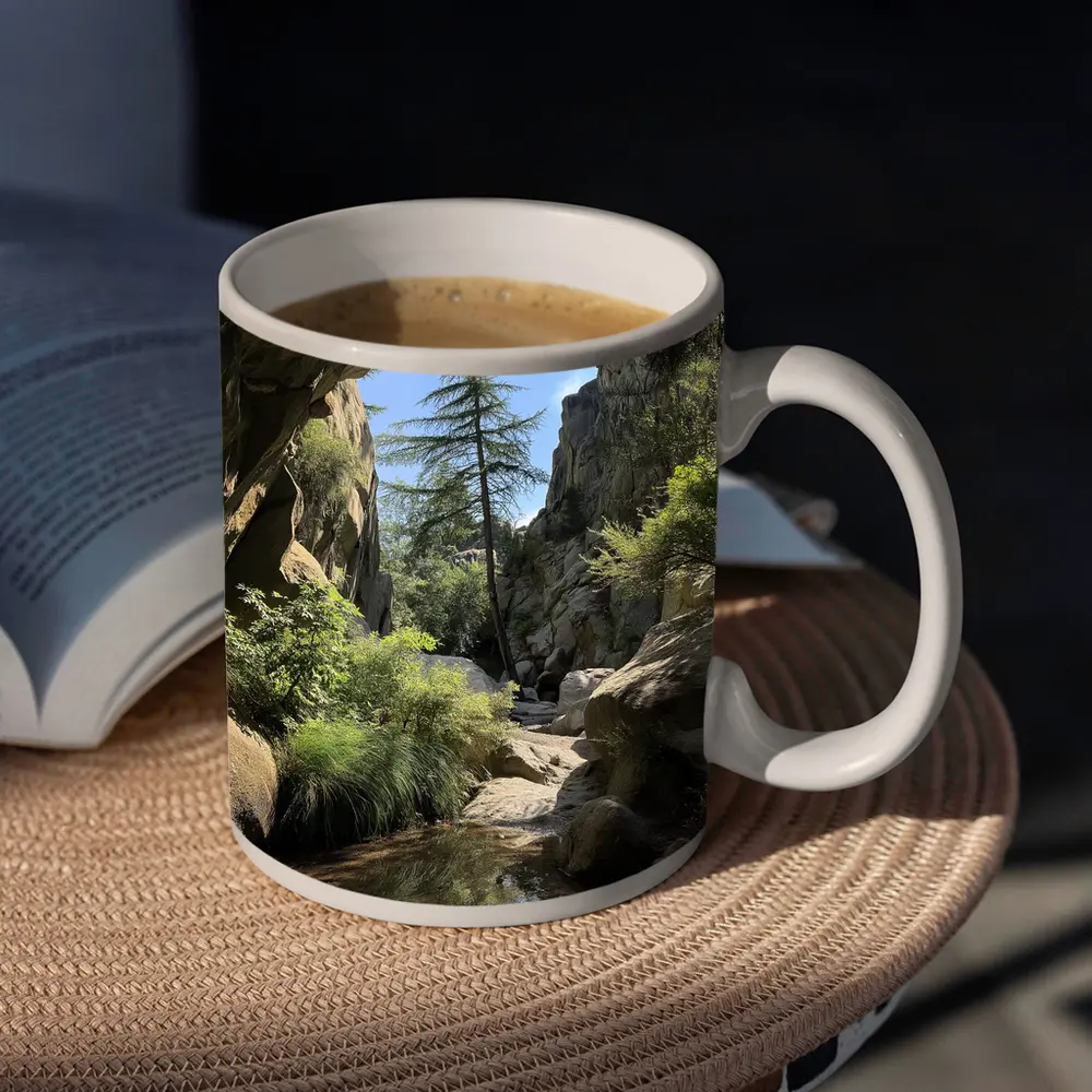 Rocky Canyon Creek With Tall Pine Tree – Mugs
