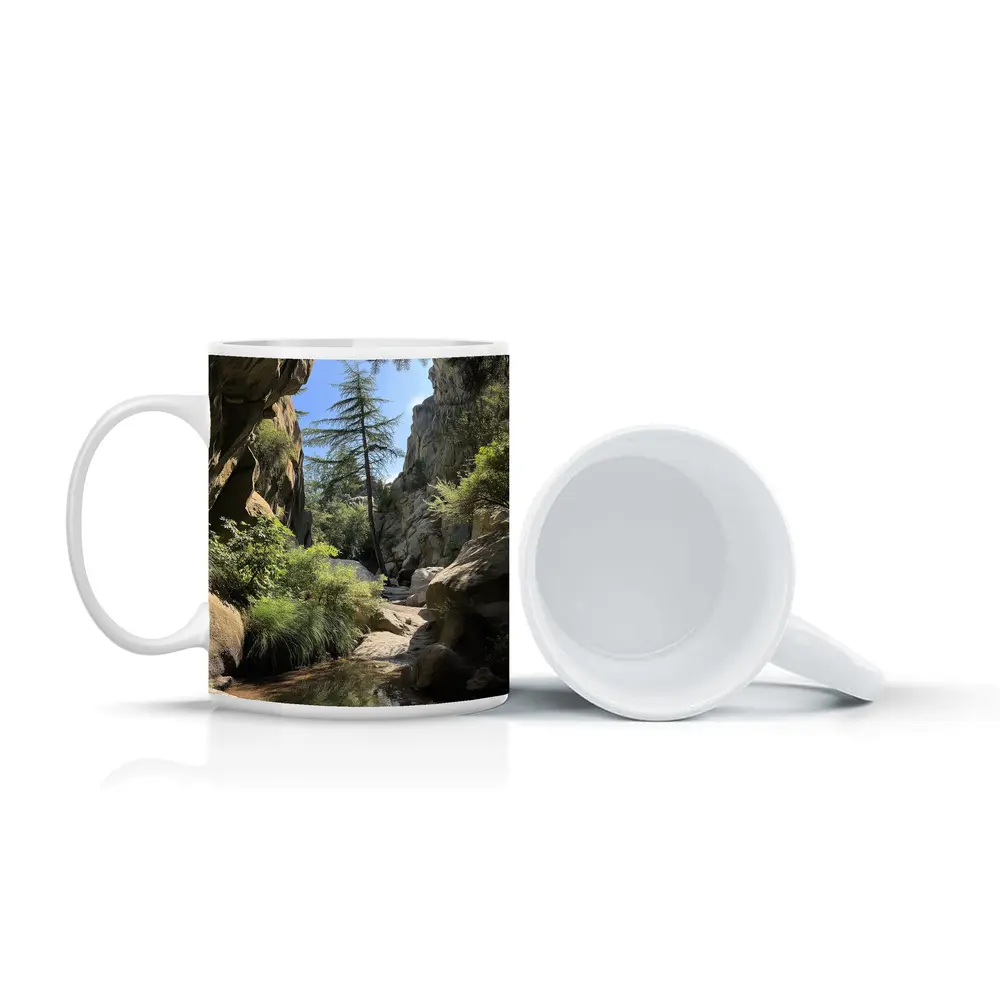 Rocky Canyon Creek With Tall Pine Tree – Mugs