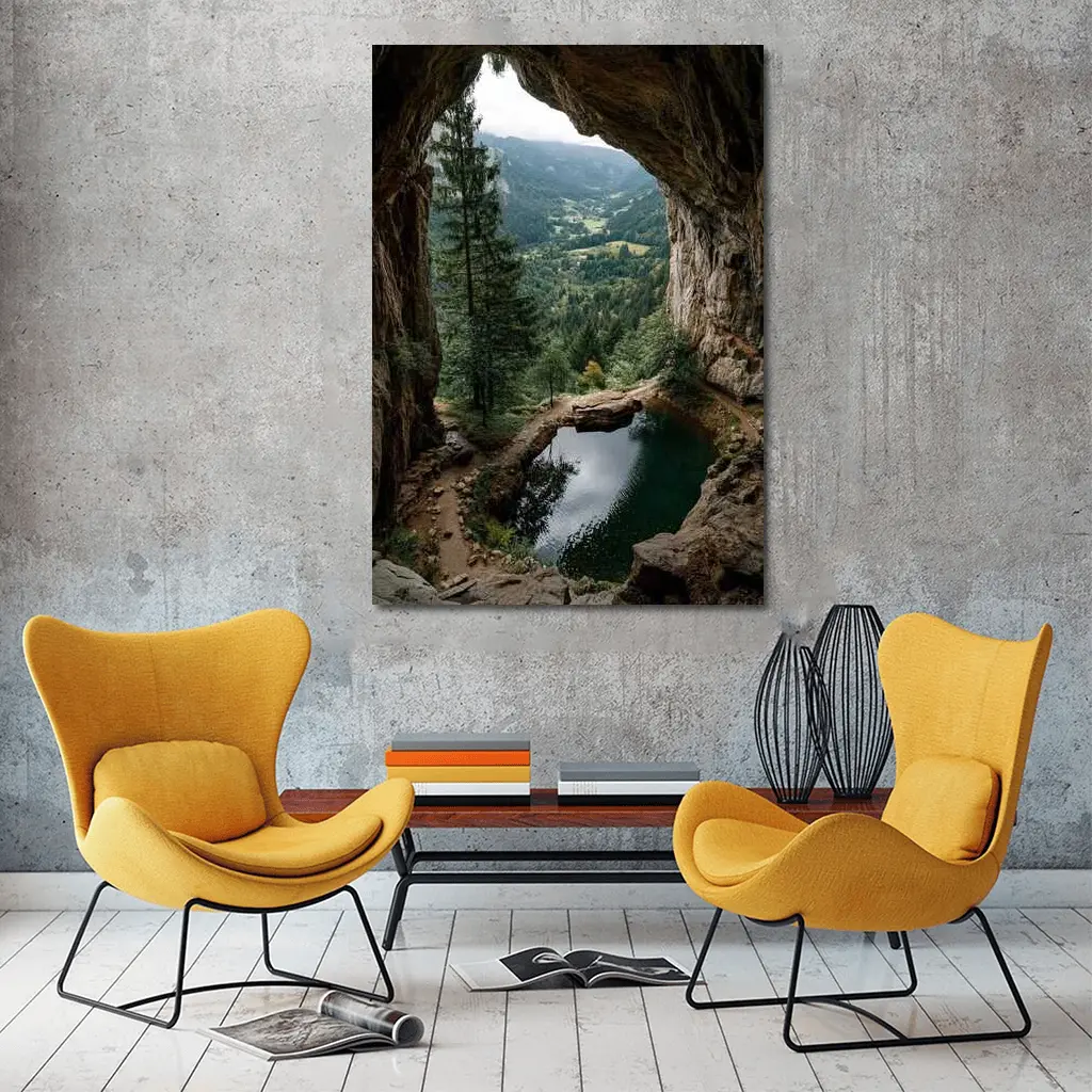 Cave Opening Mountain Valley Forest View – Wall Art