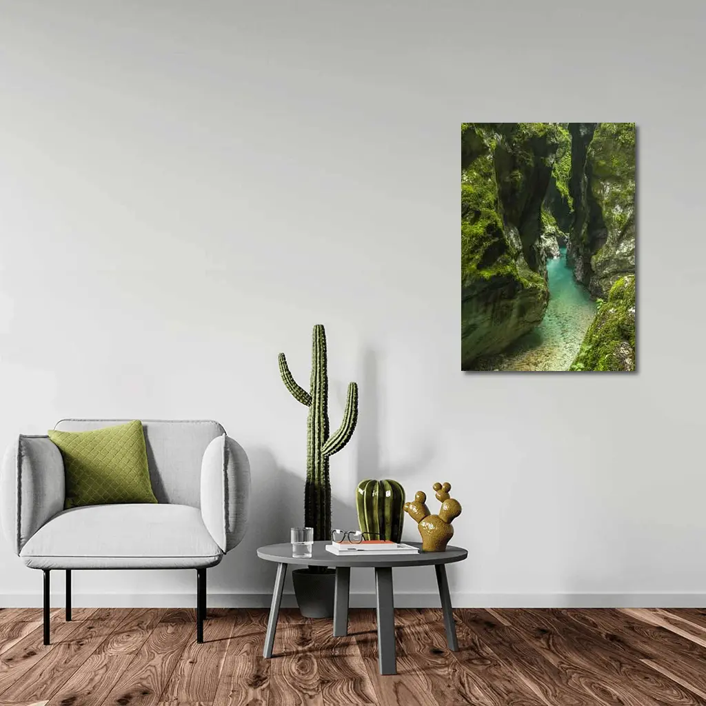 Narrow Mossy Canyon With Turquoise River – Wall Art