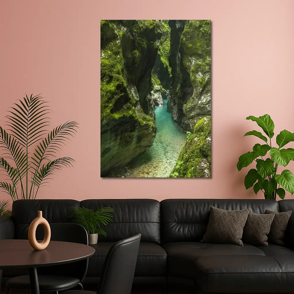 Narrow Mossy Canyon With Turquoise River – Wall Art