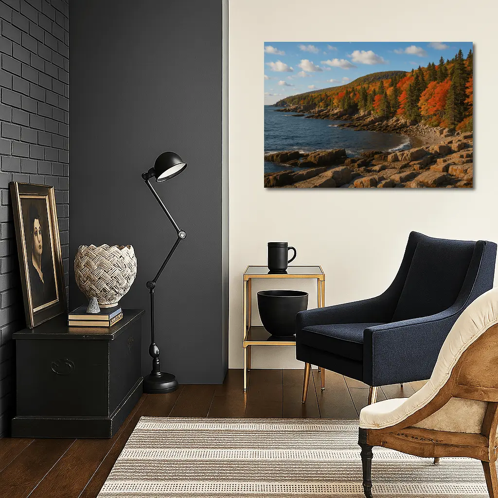Acadia Rocky Coastline Autumn Forest Landscape – Wall Art