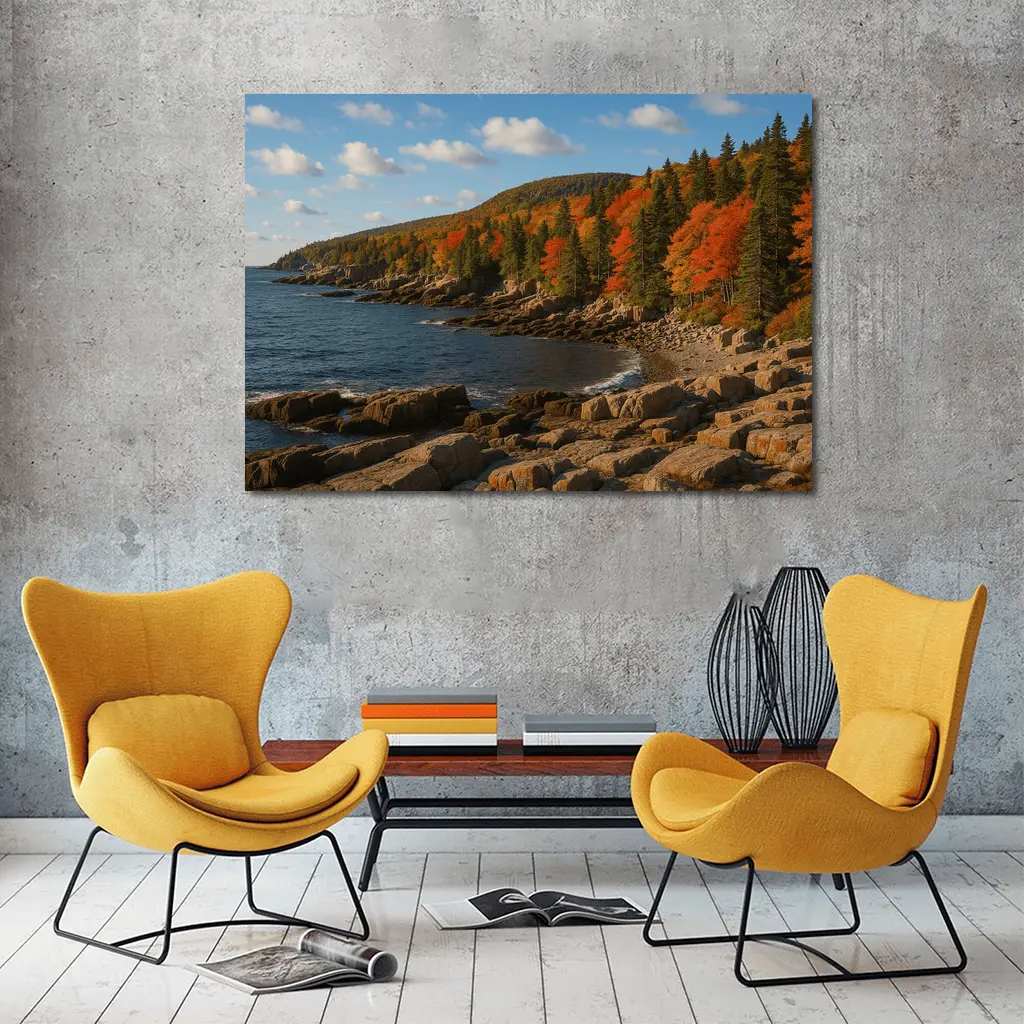 Acadia Rocky Coastline Autumn Forest Landscape – Wall Art