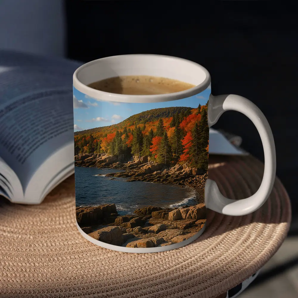 Acadia Rocky Coastline Autumn Forest Landscape – Mugs