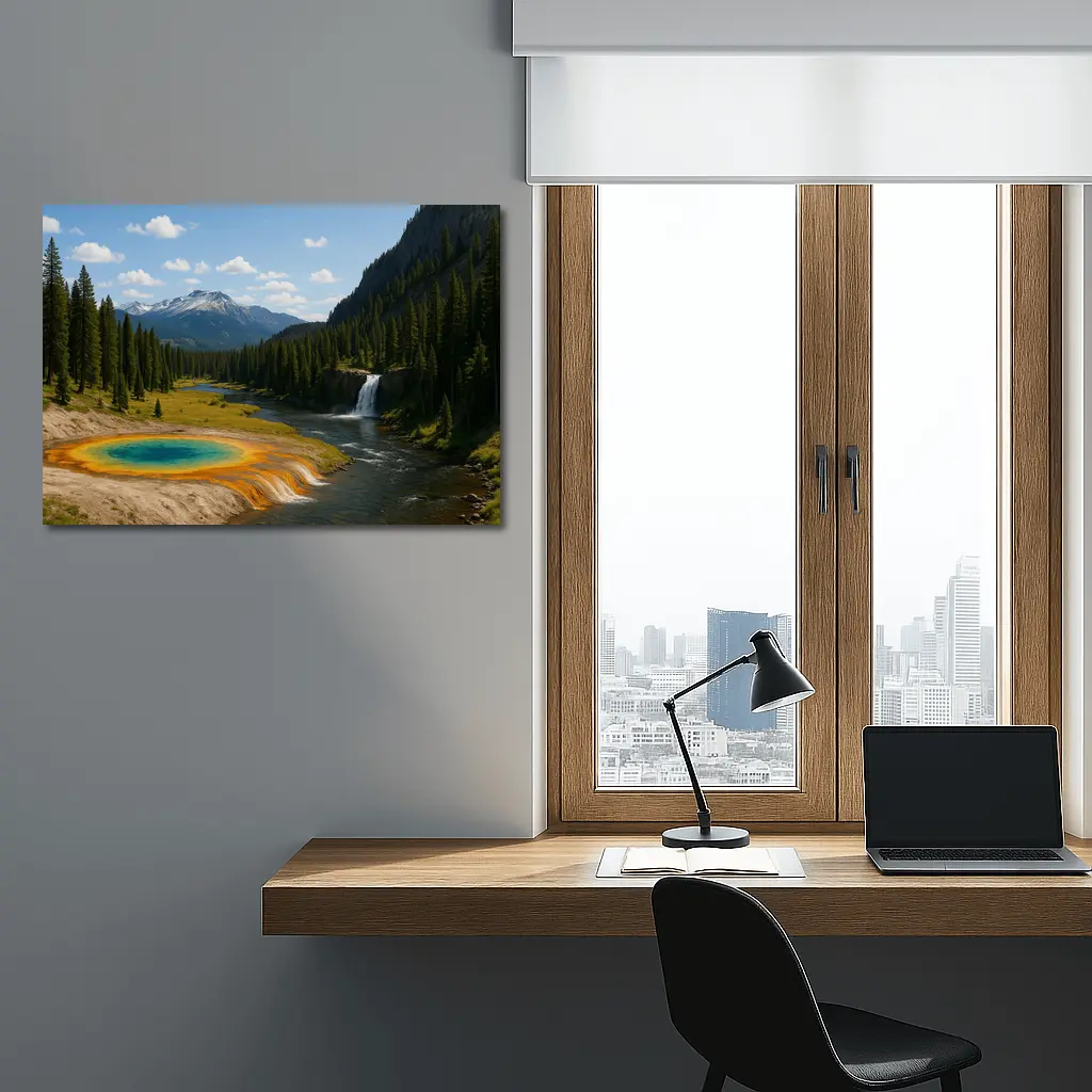 Yellowstone Hot Spring Forest Mountain Waterfall – Wall Art