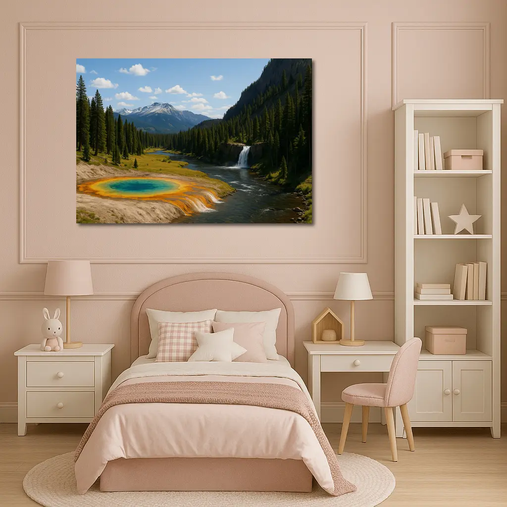 Yellowstone Hot Spring Forest Mountain Waterfall – Wall Art