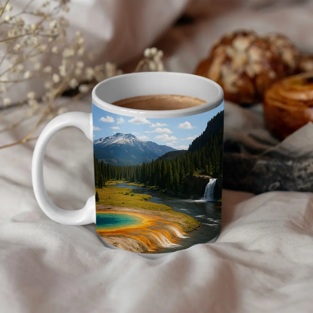 Yellowstone Hot Spring Forest Mountain Waterfall – Mugs