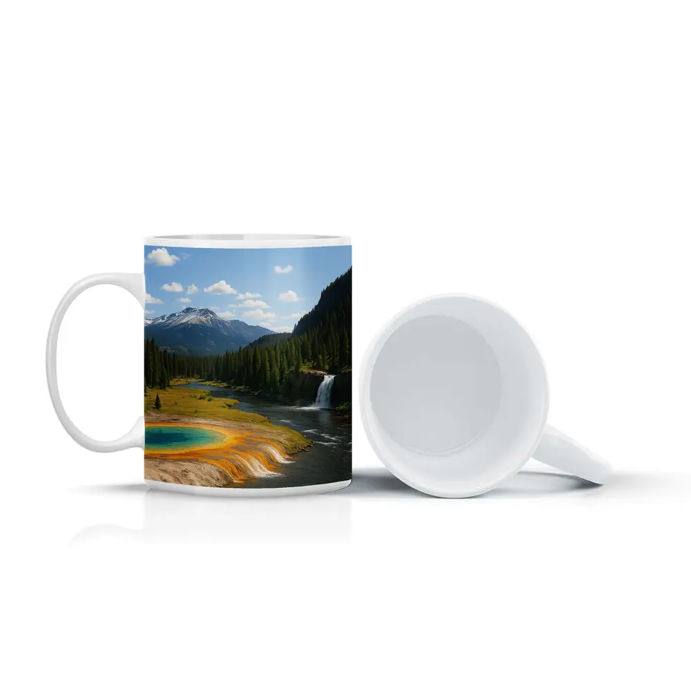 Yellowstone Hot Spring Forest Mountain Waterfall – Mugs