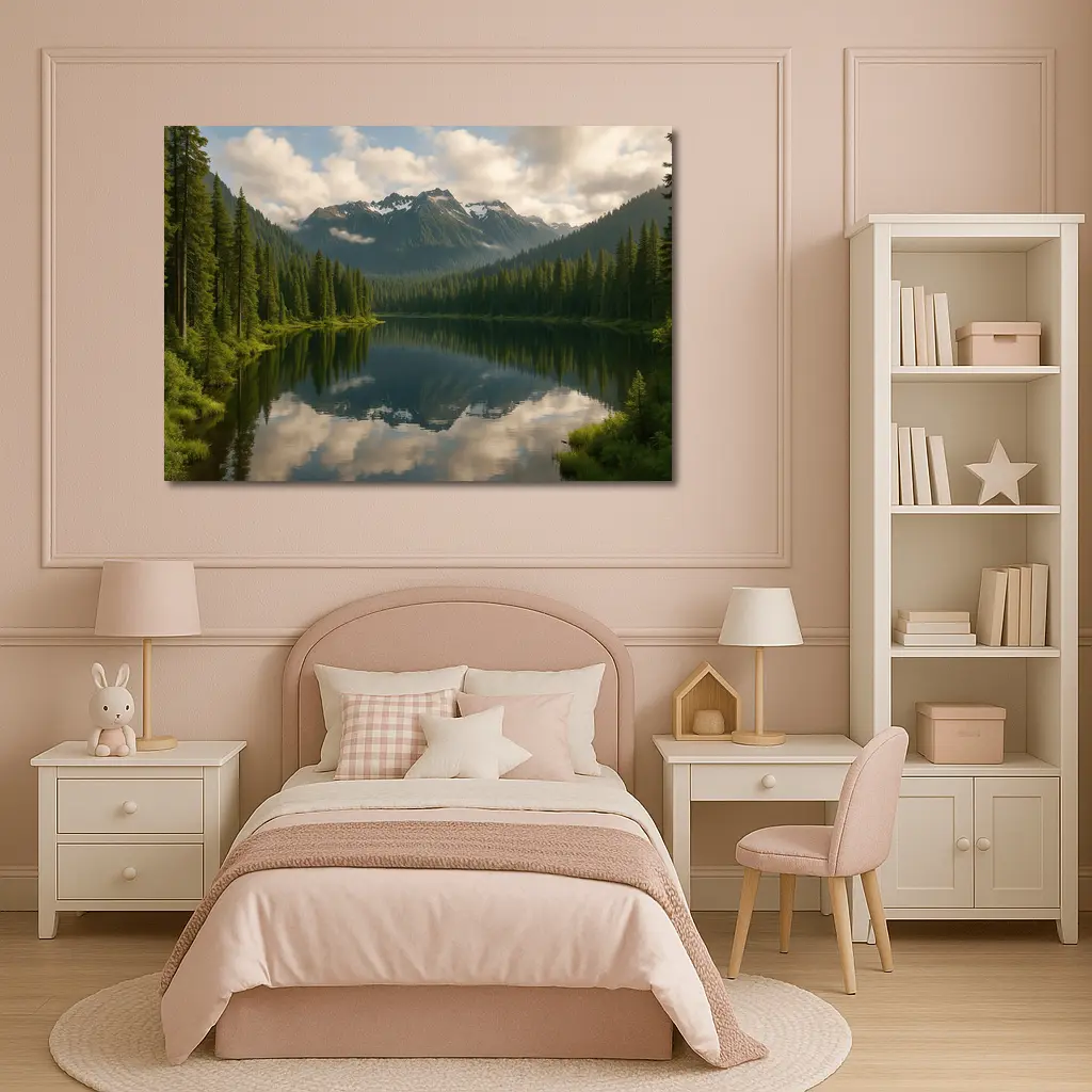 Mountain Lake Reflection Pine Forest Landscape – Wall Art