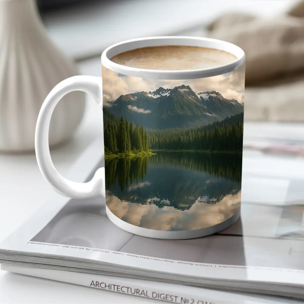 Mountain Lake Reflection Pine Forest Landscape – Mugs