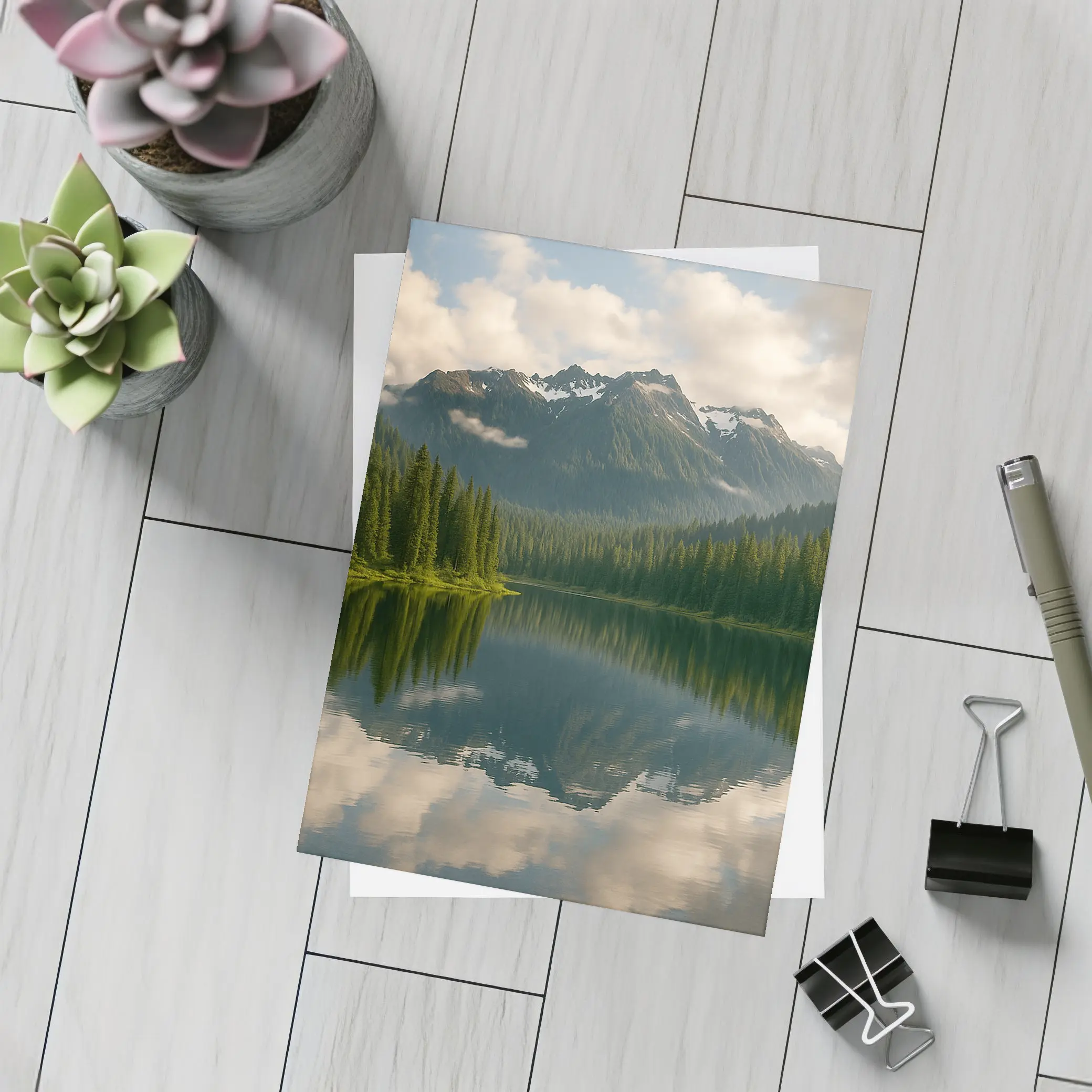 Mountain Lake Reflection Pine Forest Landscape – Postcards