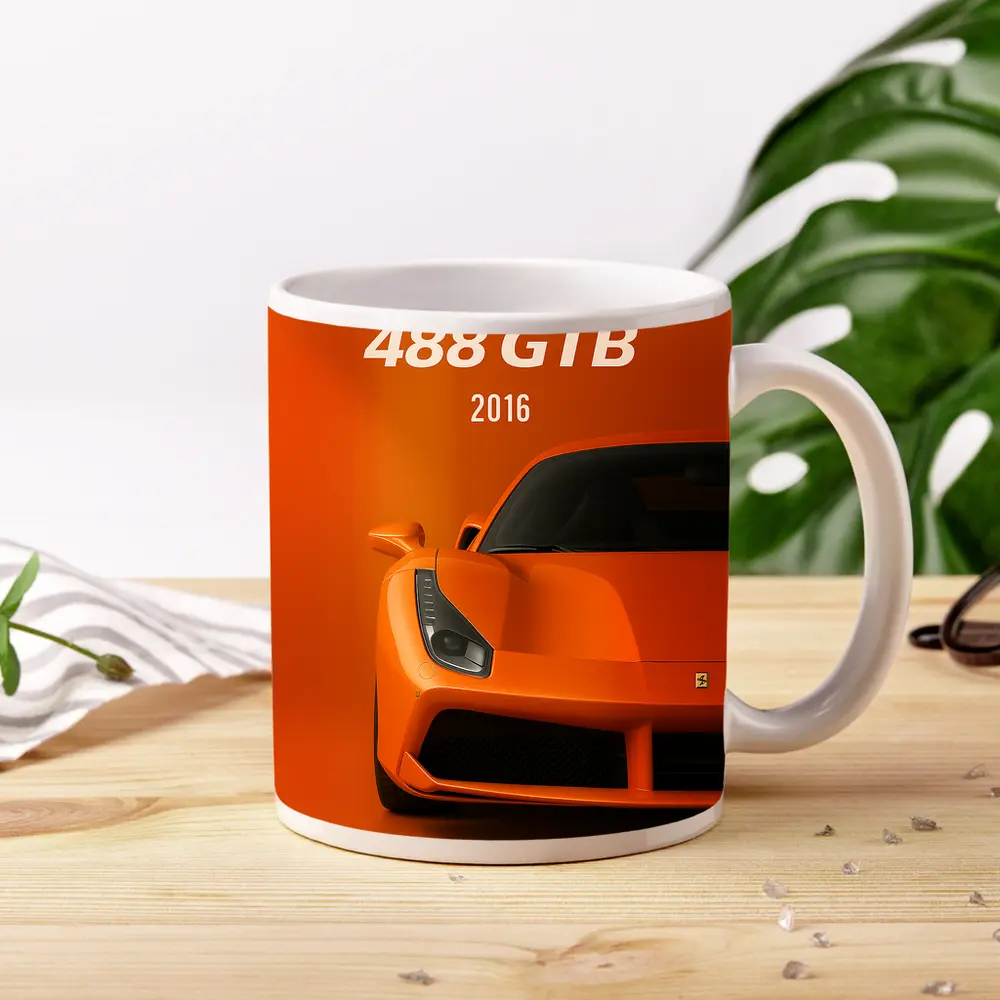 Ferrari 488 GTB Orange Front View Art – Mugs