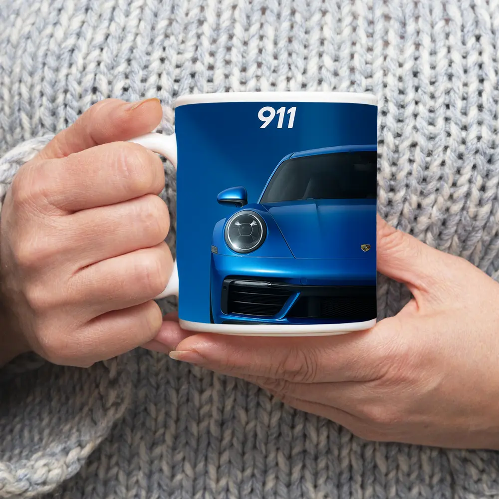 Porsche 911 Blue Front View Art – Mugs