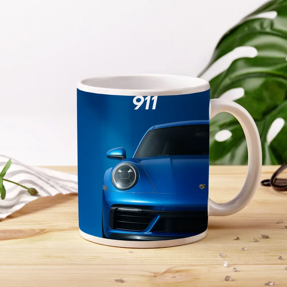 Porsche 911 Blue Front View Art – Mugs