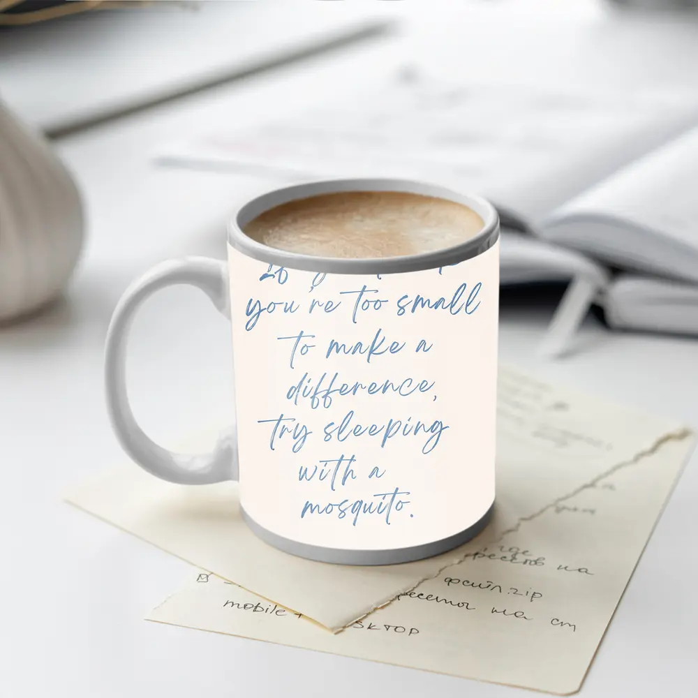Mosquito Quote Blue Script Beige Background – Mugs