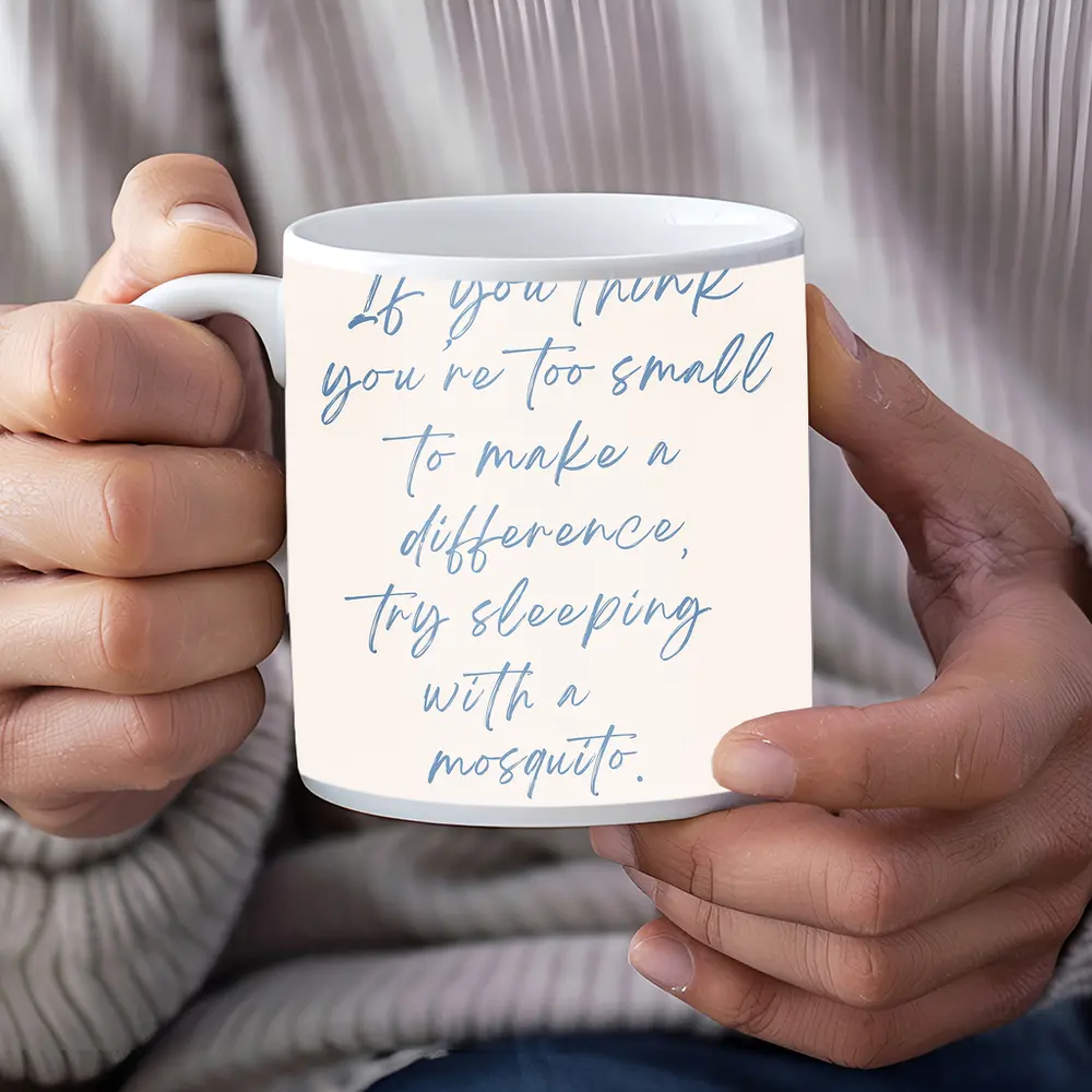 Mosquito Quote Blue Script Beige Background – Mugs