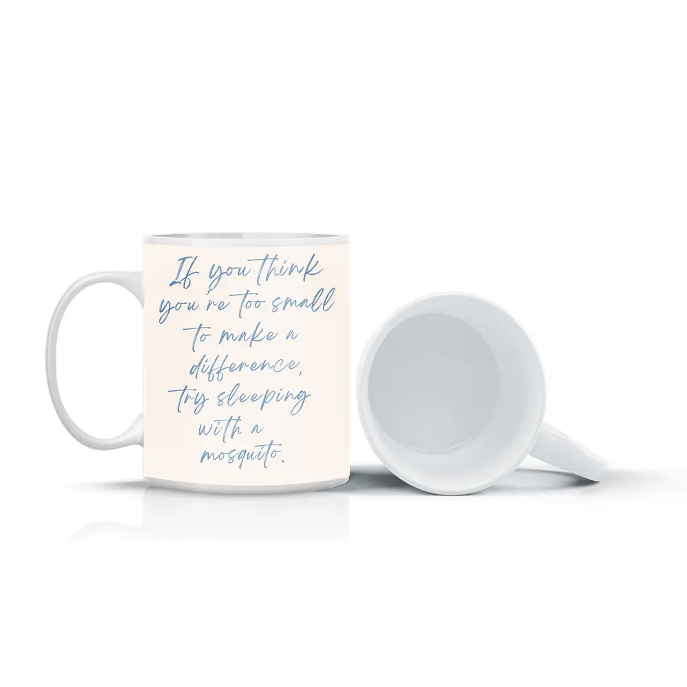 Mosquito Quote Blue Script Beige Background – Mugs