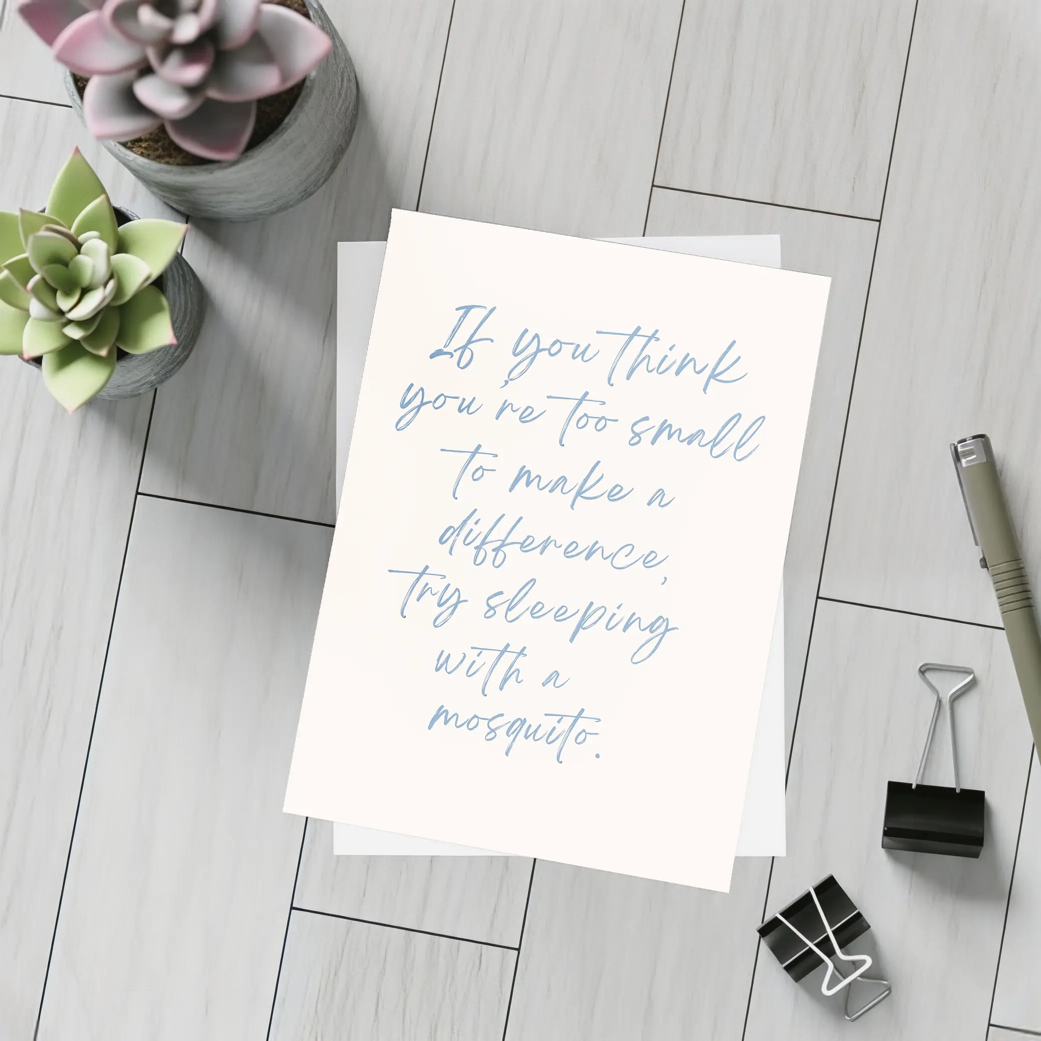 Mosquito Quote Blue Script Beige Background – Postcards