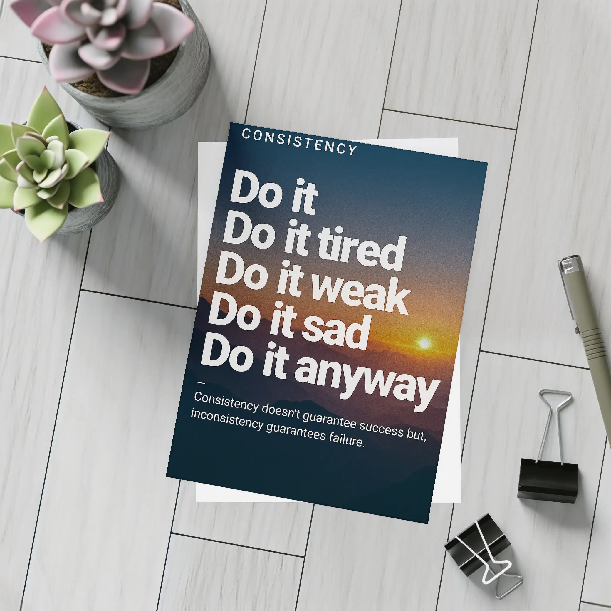 Consistency Motivation Quote Sunset Mountains Art – Postcards