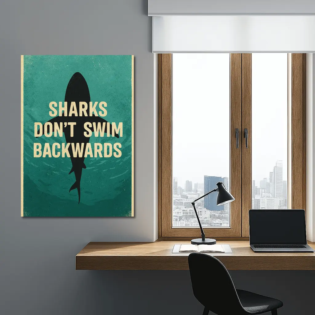 Sharks Don't Swim Backwards Retro Motivational Art – Wall Art
