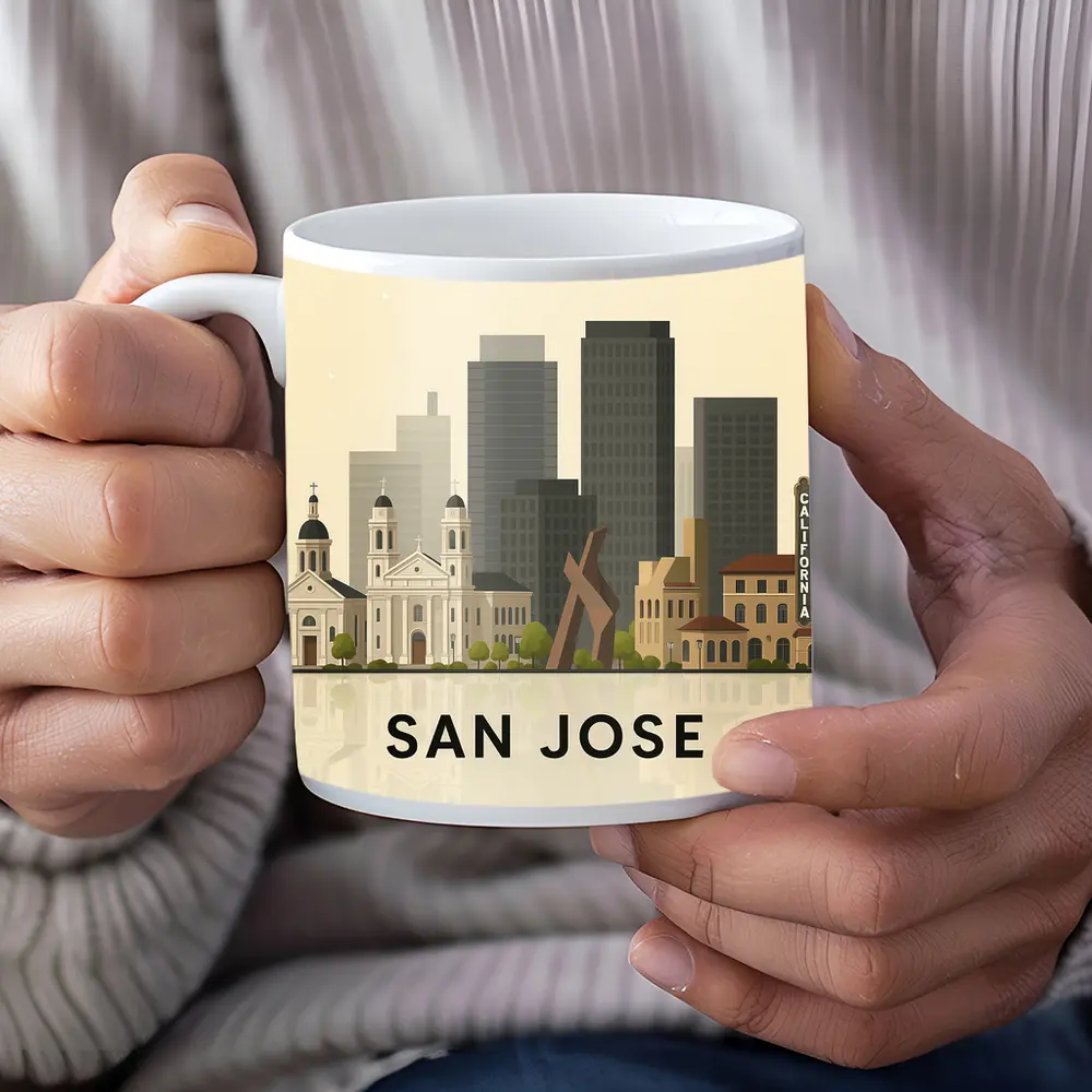 San Jose City Skyline Flat Illustration Art – Mugs