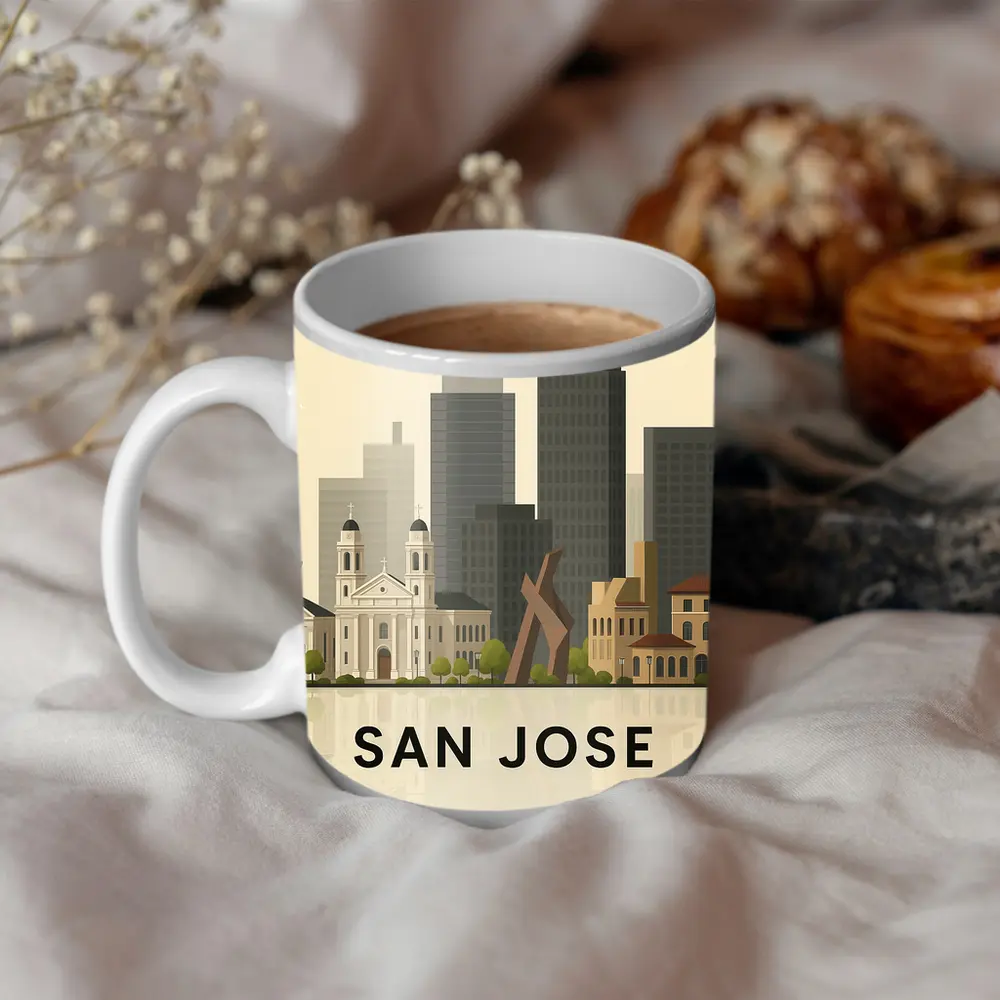San Jose City Skyline Flat Illustration Art – Mugs