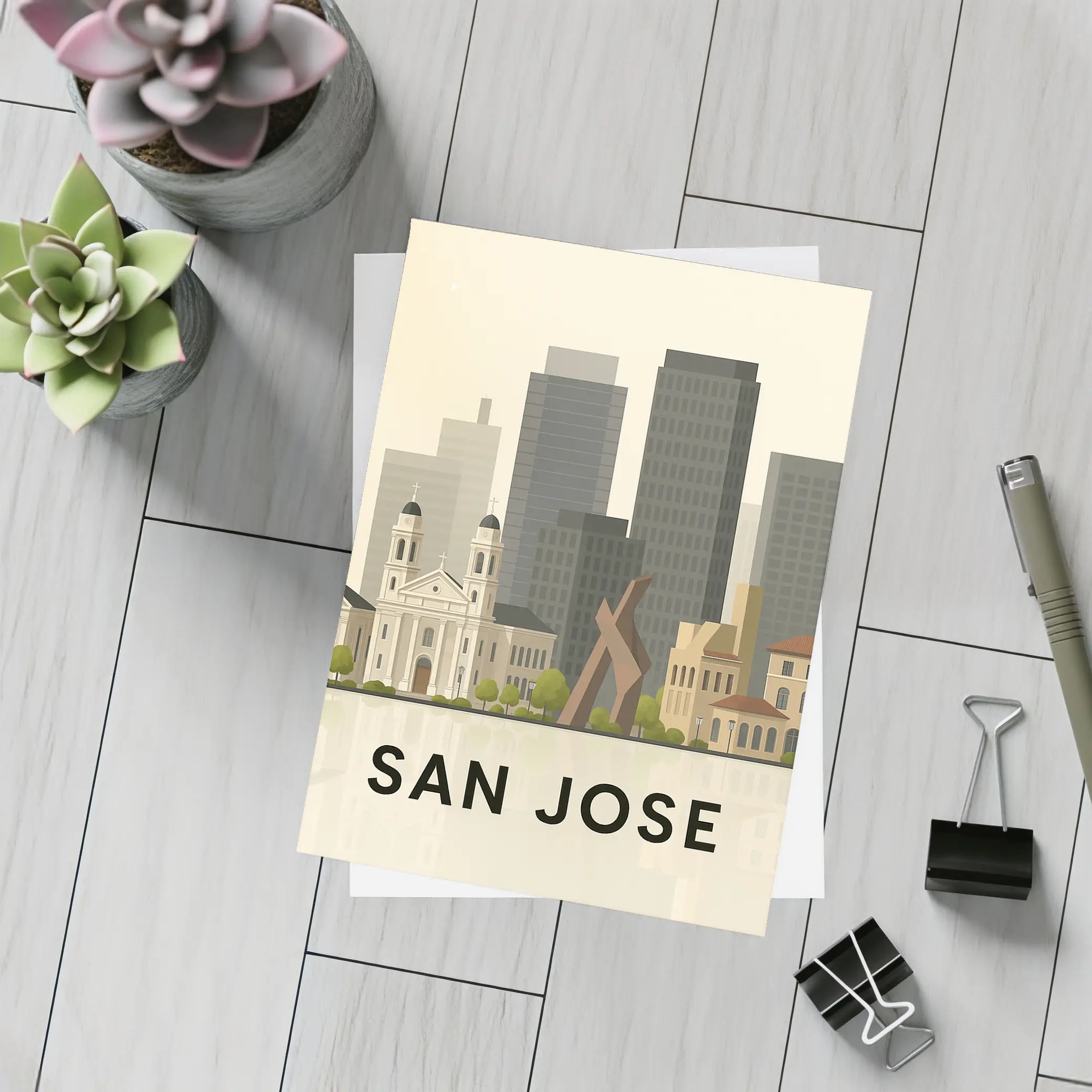 San Jose City Skyline Flat Illustration Art – Postcards