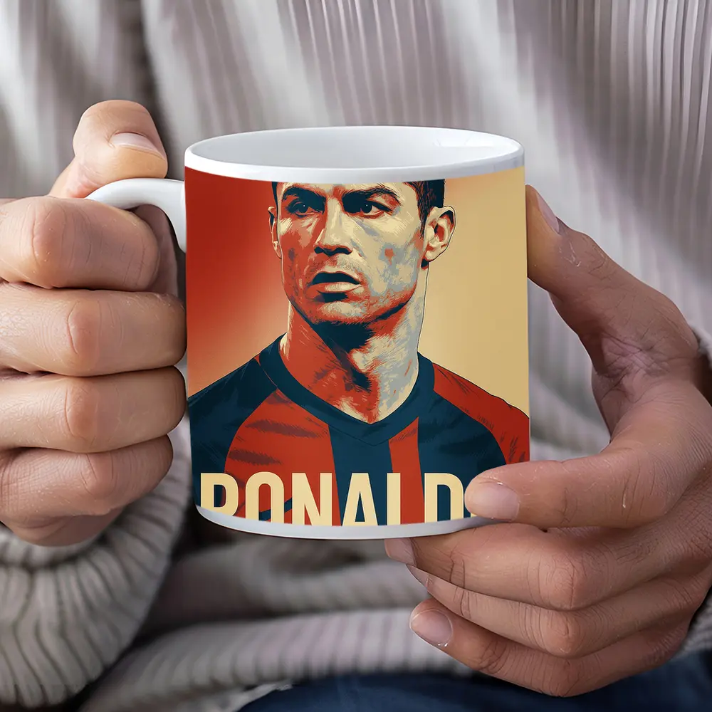 Ronaldo Soccer Player Bold Red Portrait – Mugs