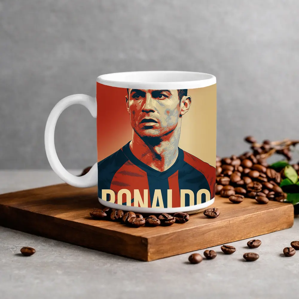 Ronaldo Soccer Player Bold Red Portrait – Mugs
