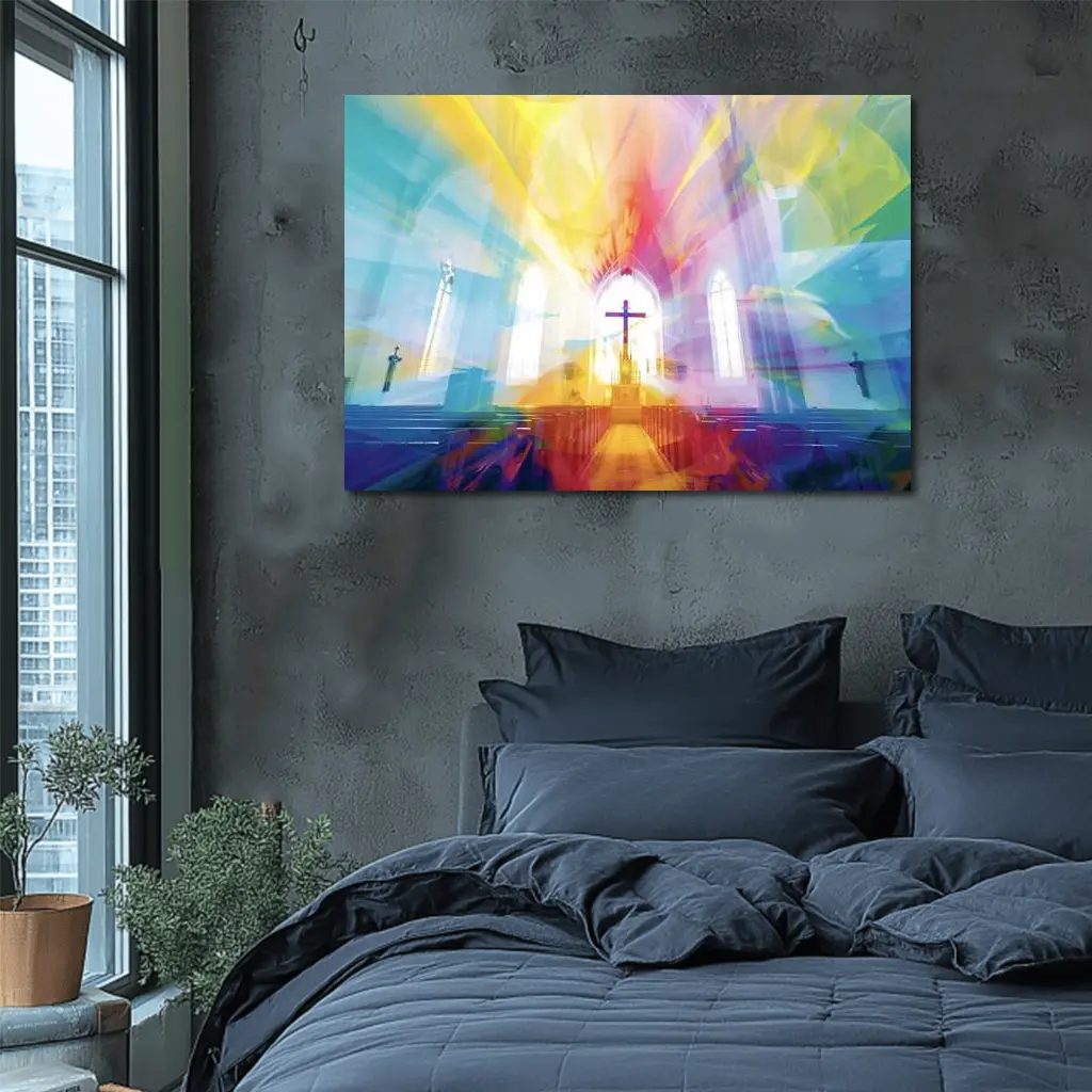 Colorful Church Interior Cross Abstract Art – Wall Art