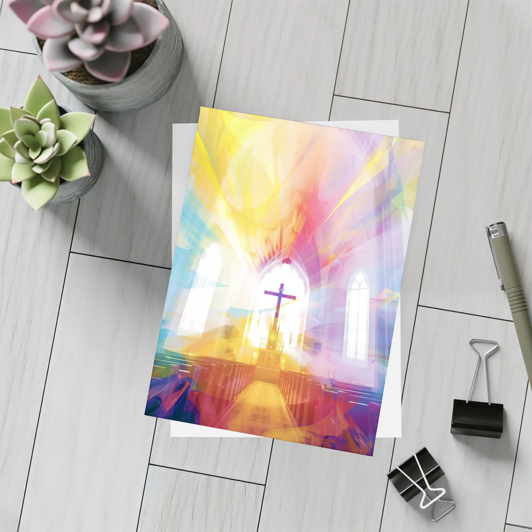 Colorful Church Interior Cross Abstract Art – Postcards