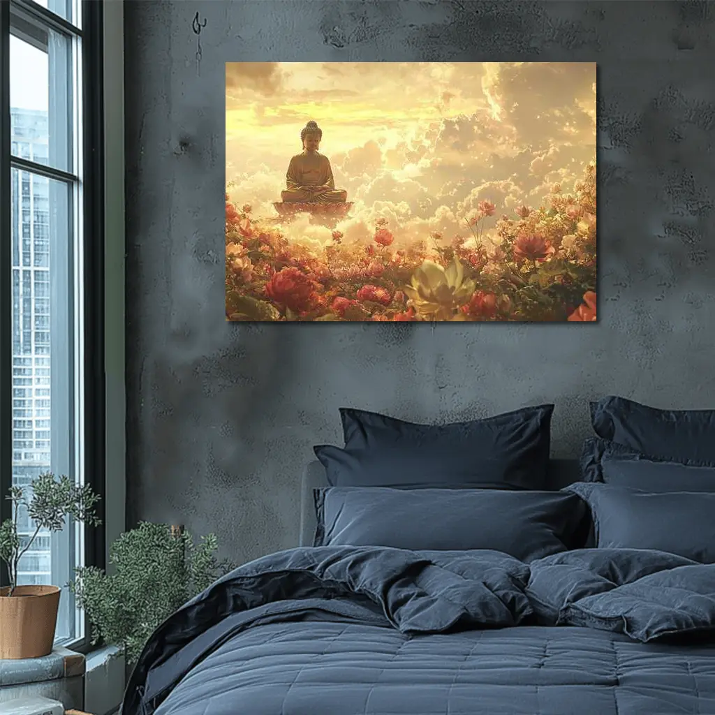Buddha Meditating Above Golden Floral Clouds – Wall Art