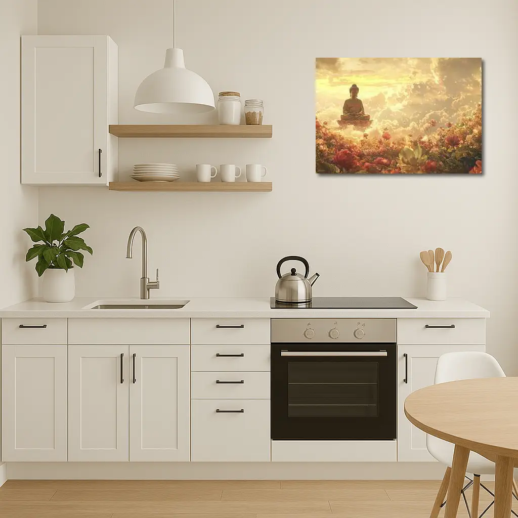 Buddha Meditating Above Golden Floral Clouds – Wall Art