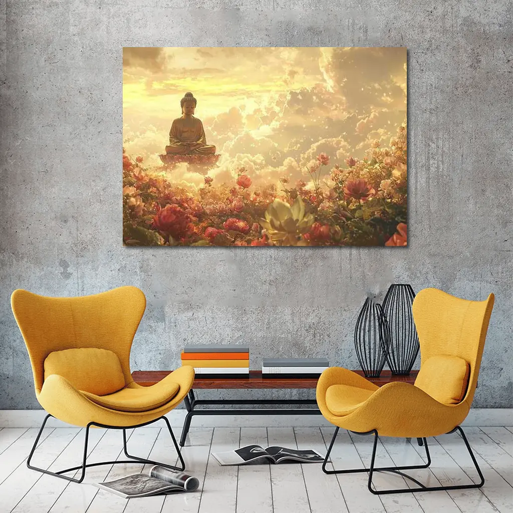 Buddha Meditating Above Golden Floral Clouds – Wall Art