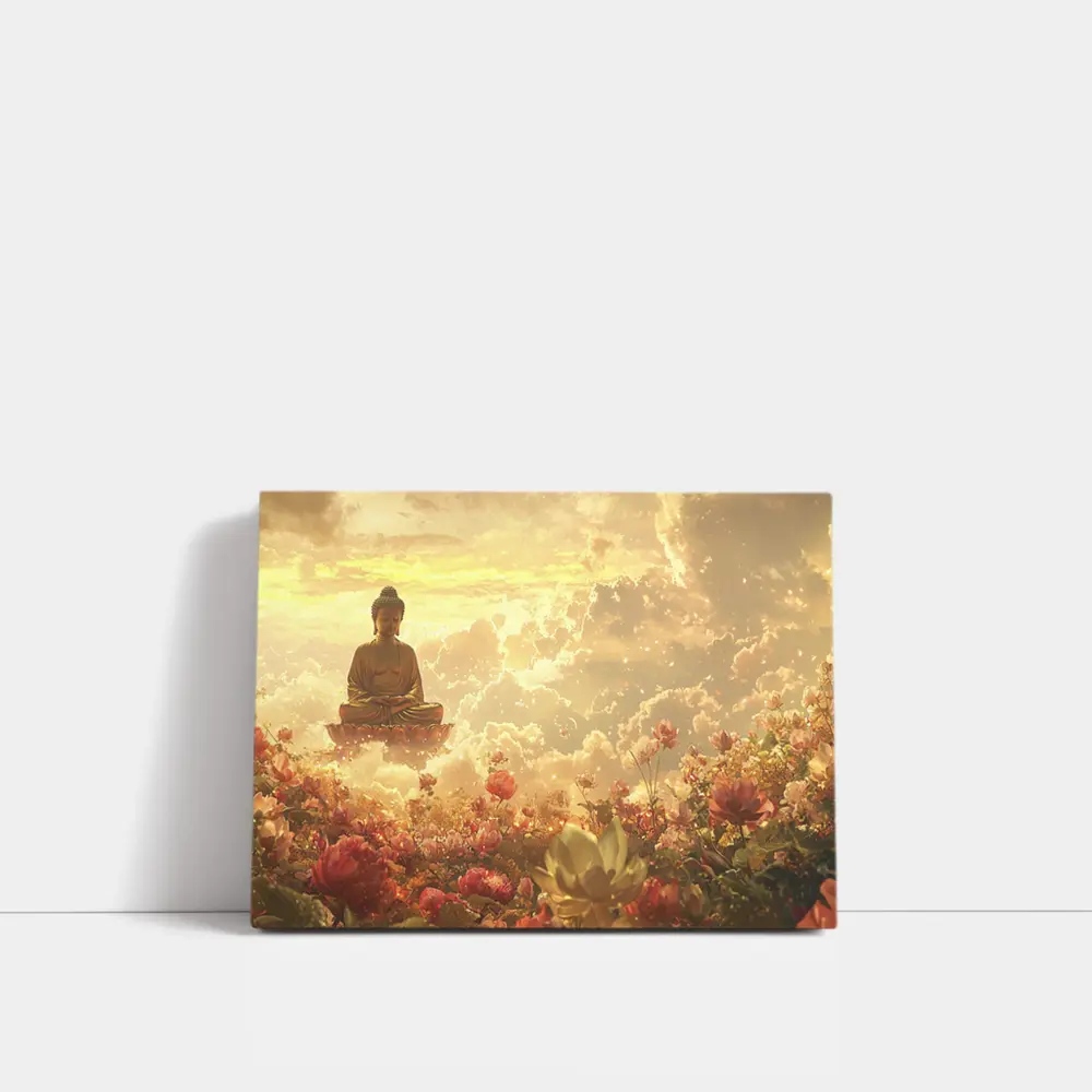 Buddha Meditating Above Golden Floral Clouds – Wall Art