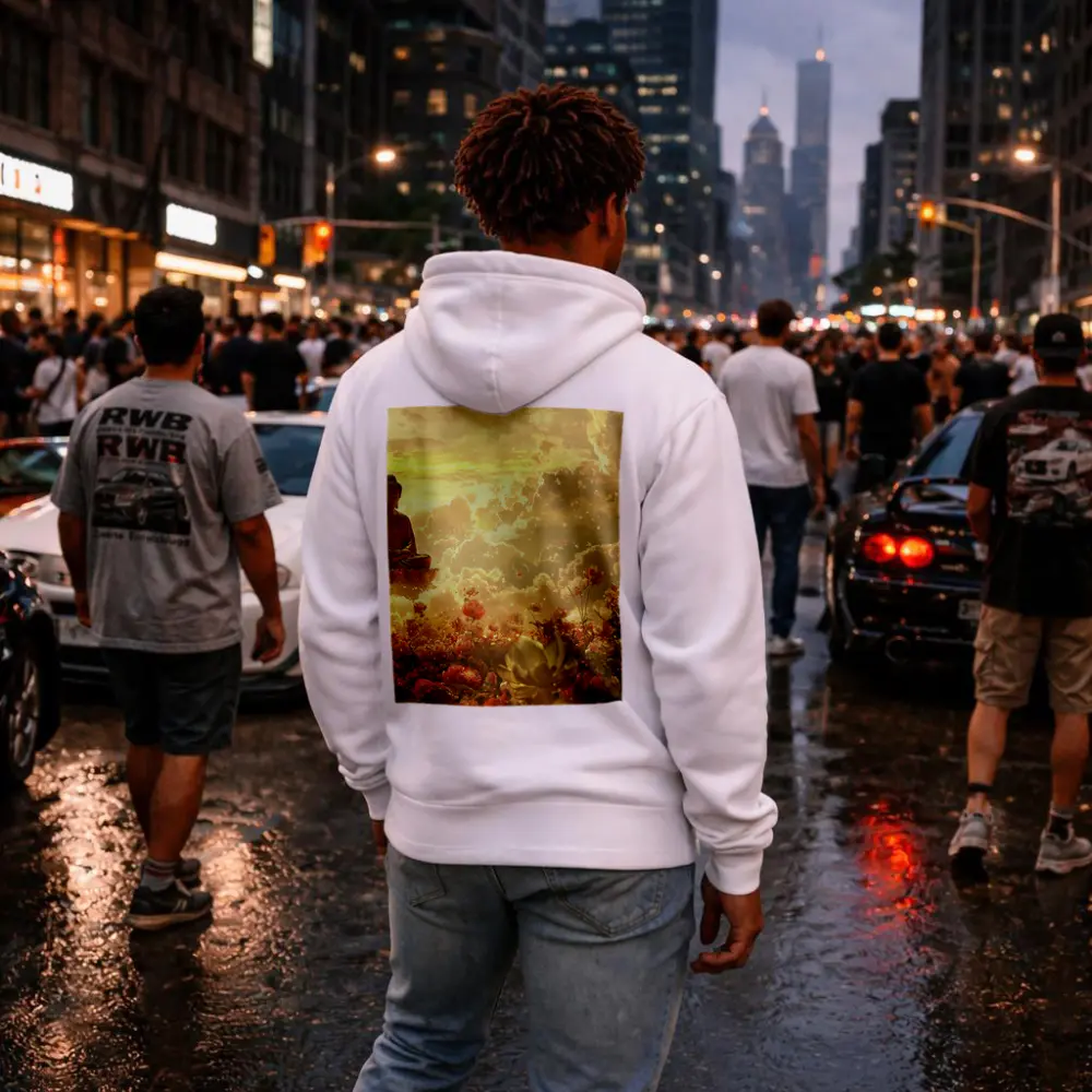 Buddha Meditating Above Golden Floral Clouds – Hoodies