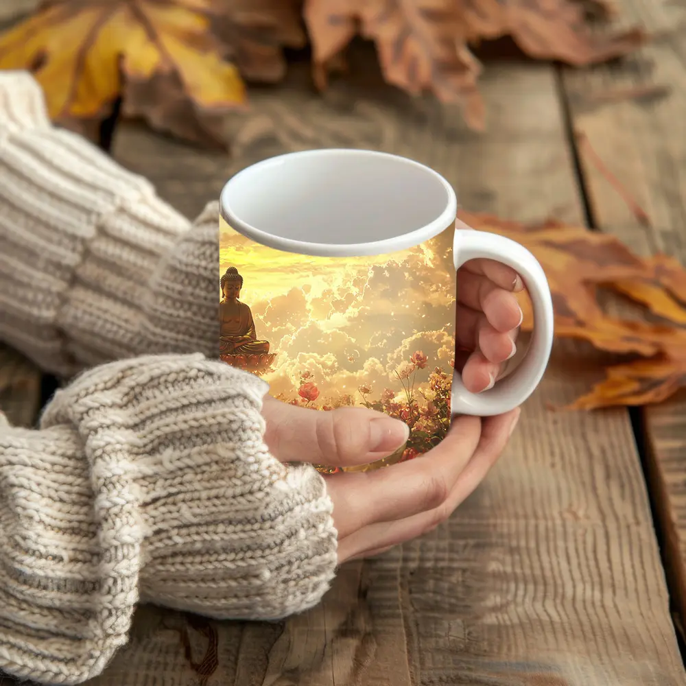 Buddha Meditating Above Golden Floral Clouds – Mugs