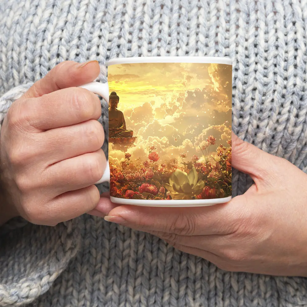Buddha Meditating Above Golden Floral Clouds – Mugs