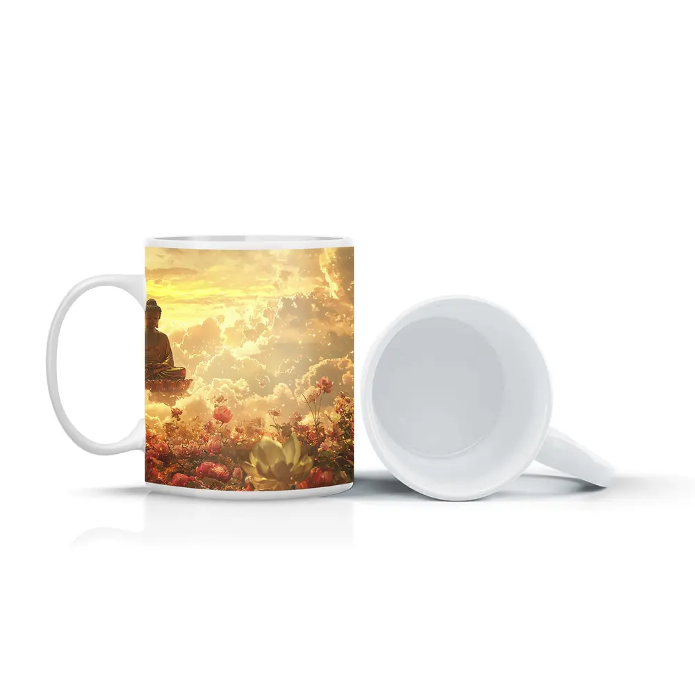 Buddha Meditating Above Golden Floral Clouds – Mugs