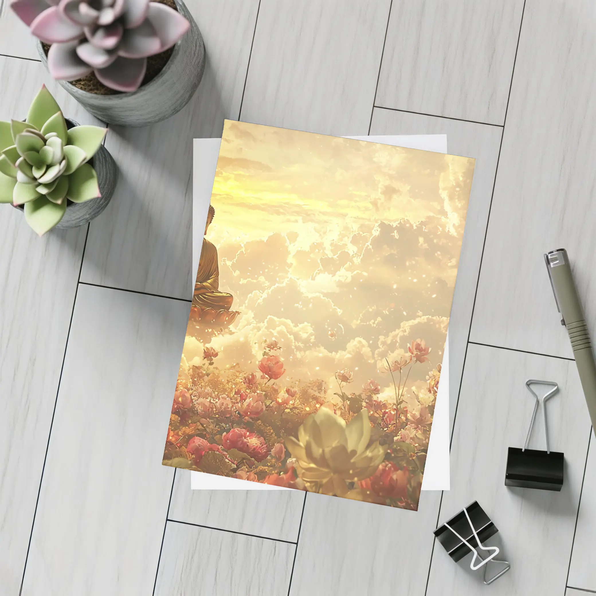 Buddha Meditating Above Golden Floral Clouds – Postcards