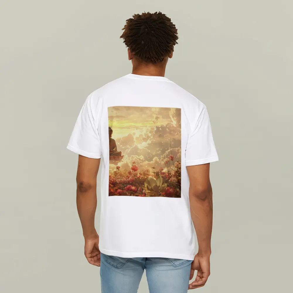 Buddha Meditating Above Golden Floral Clouds – T-Shirts