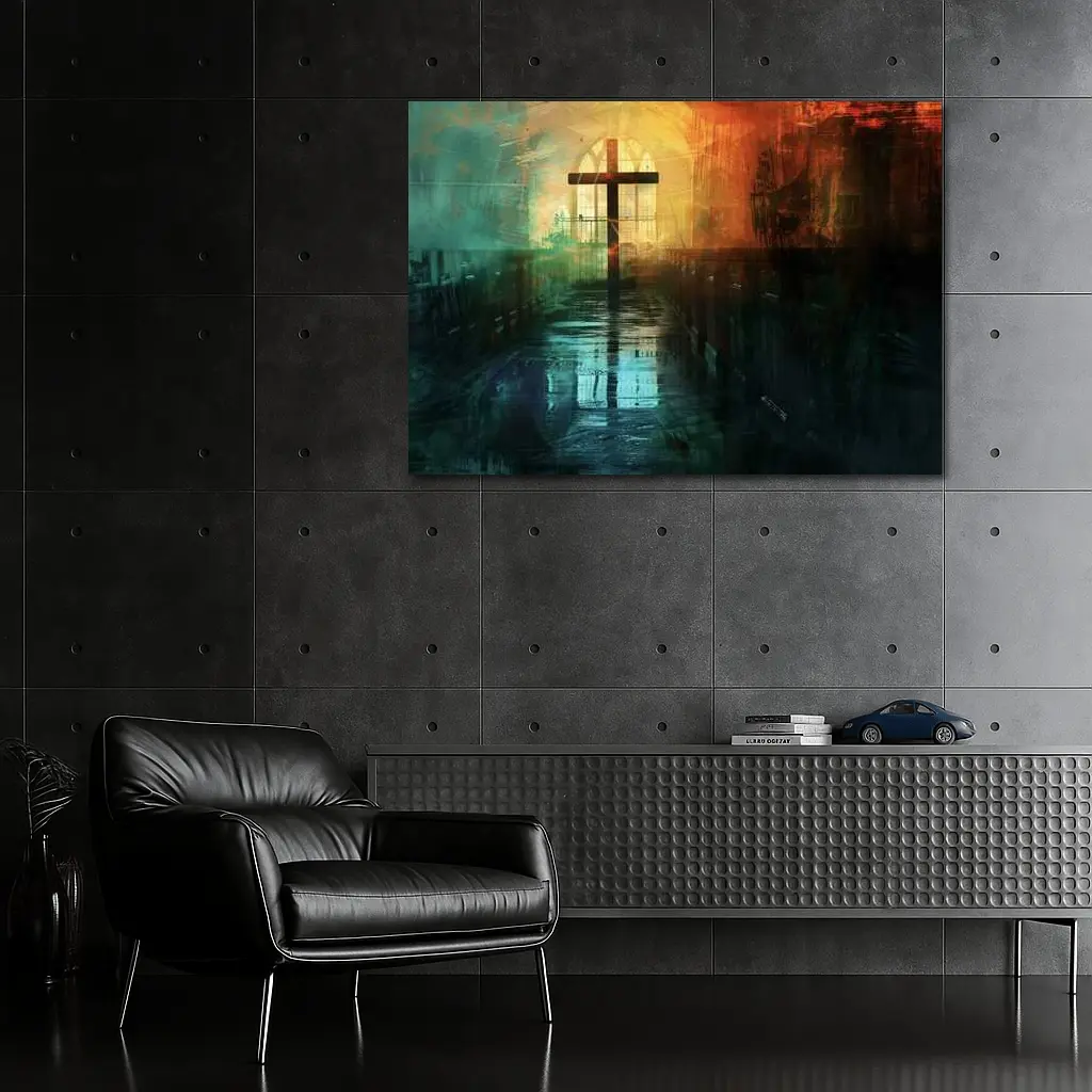Cross Inside Dark Atmospheric Church Interior – Wall Art