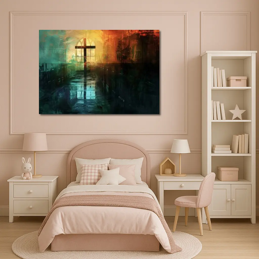 Cross Inside Dark Atmospheric Church Interior – Wall Art