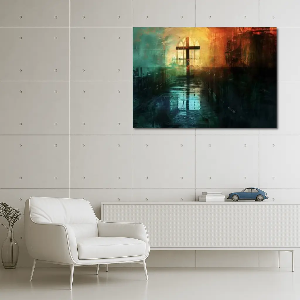 Cross Inside Dark Atmospheric Church Interior – Wall Art