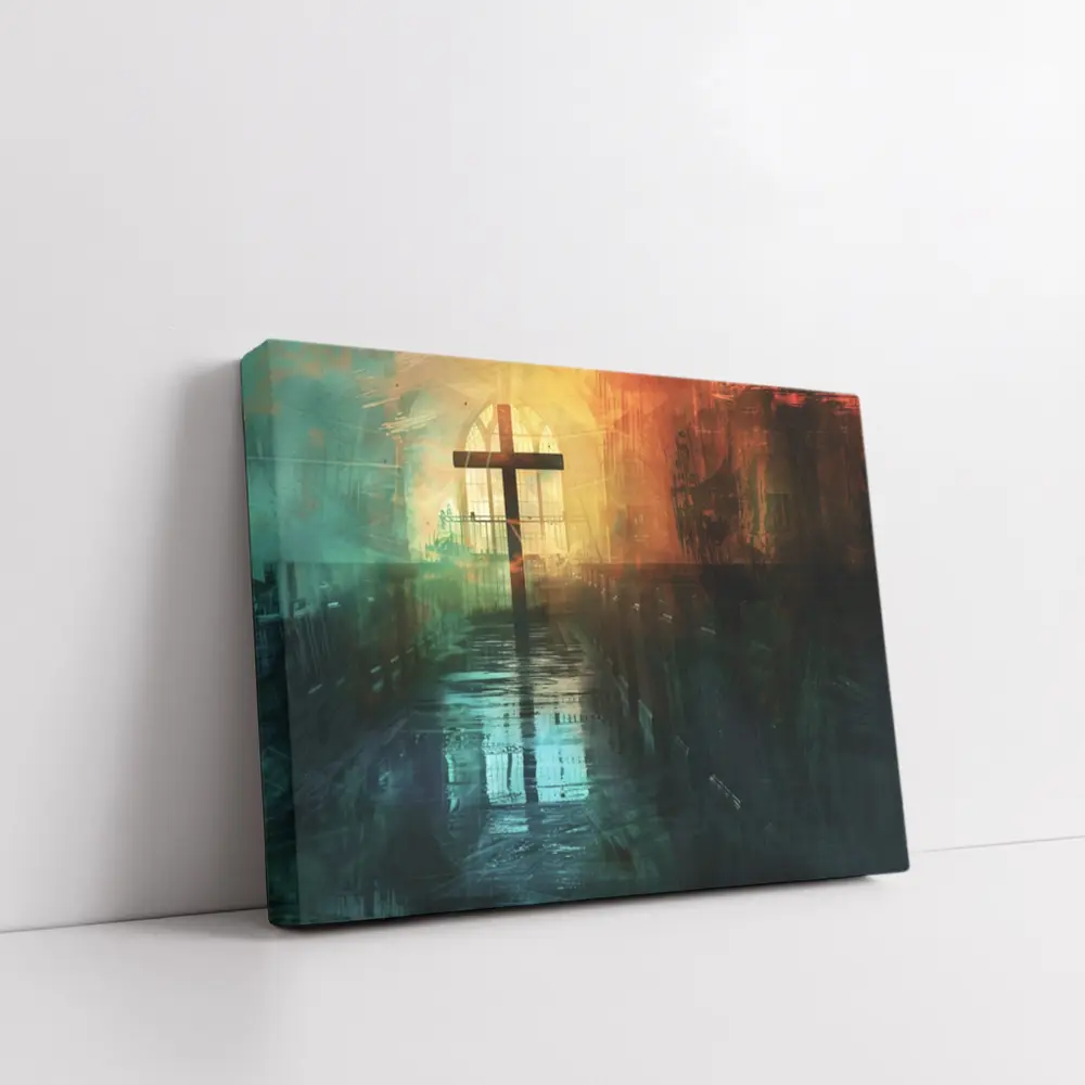 Cross Inside Dark Atmospheric Church Interior – Wall Art